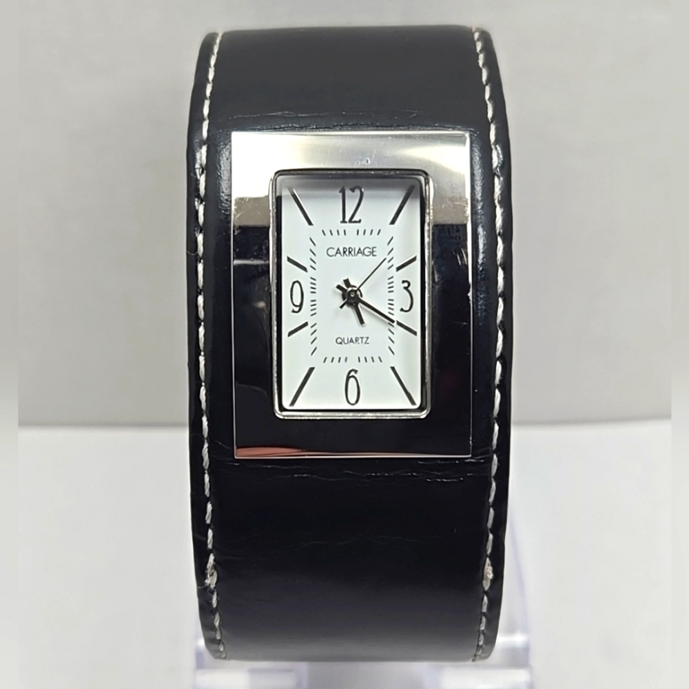 Womens Vintage Carriage Timex Black Leather Cuff Watch New Battery Silver Rare